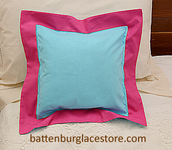 Pillow Sham. AQUA BLUE with RASPBERRY SORBET 12"SQ. - Click Image to Close